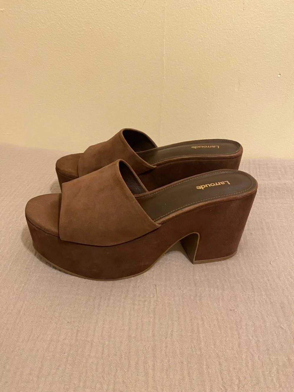 Larroude Brown Suede Platform Slide Sandals. Size 8.5